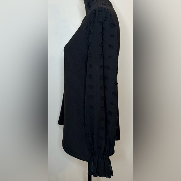 B Brand Women’s Black Balloon Long Sheer Large Swiss Dot Sleeve Blouse Size L - Picture 5 of 6